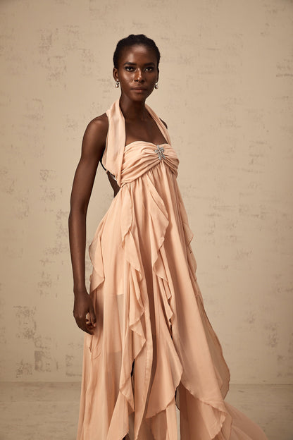 Mariah Pink Chiffon Ruffle Halterneck Maxi Dress