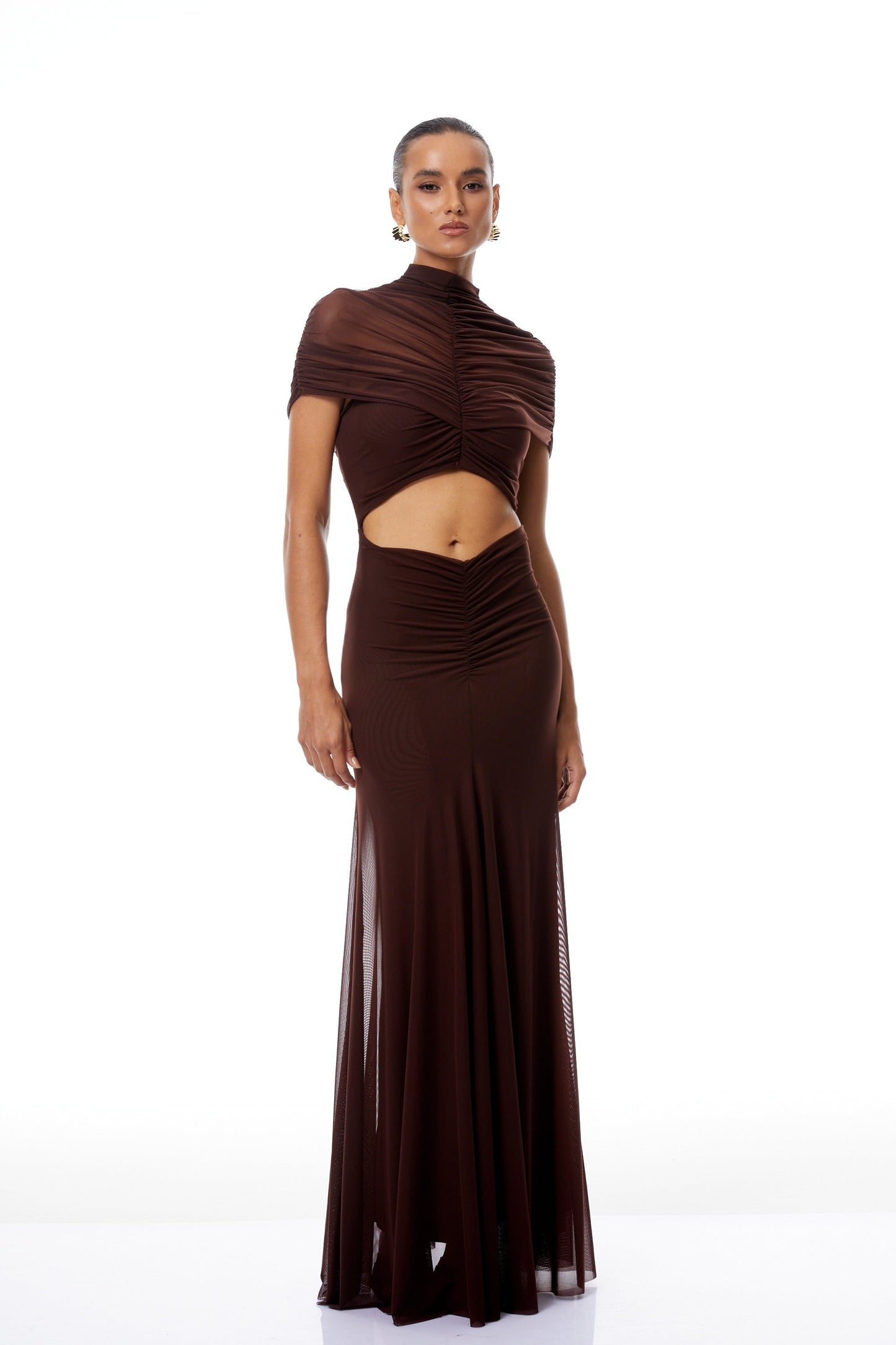 Bruna Cut-Out Ruched Mesh Maxi Dress