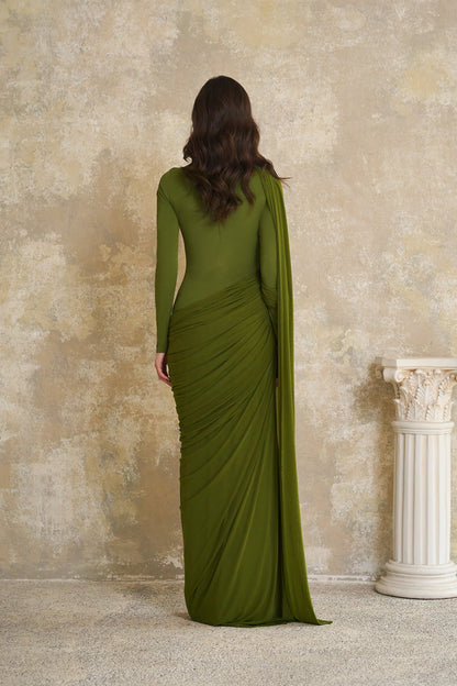 Emilia Green Asymmetrical Ribbon Draped Maxi Dress