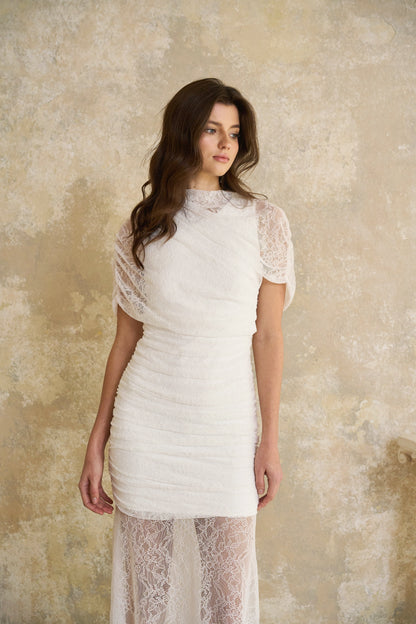 Sylphe White Asymmetrical Ruched Mesh Maxi Dress