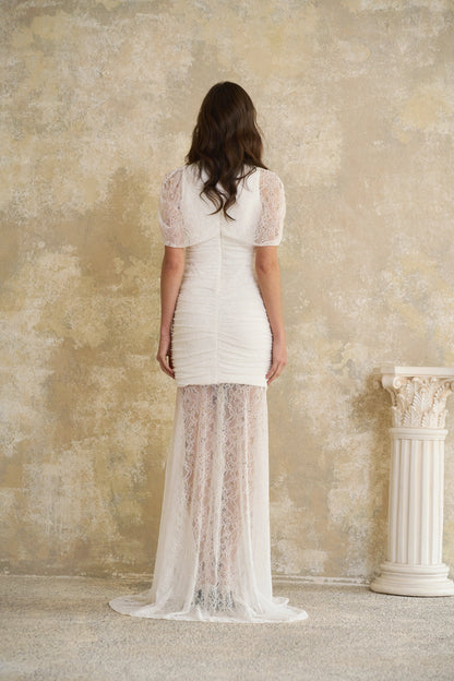 Sylphe White Asymmetrical Ruched Mesh Maxi Dress