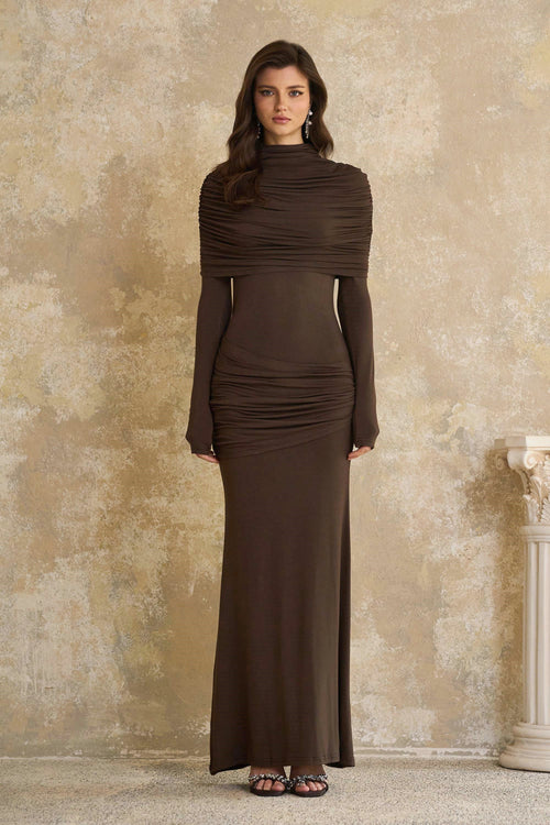 Éléna Brown Cape Design Ruched Maxi Dress