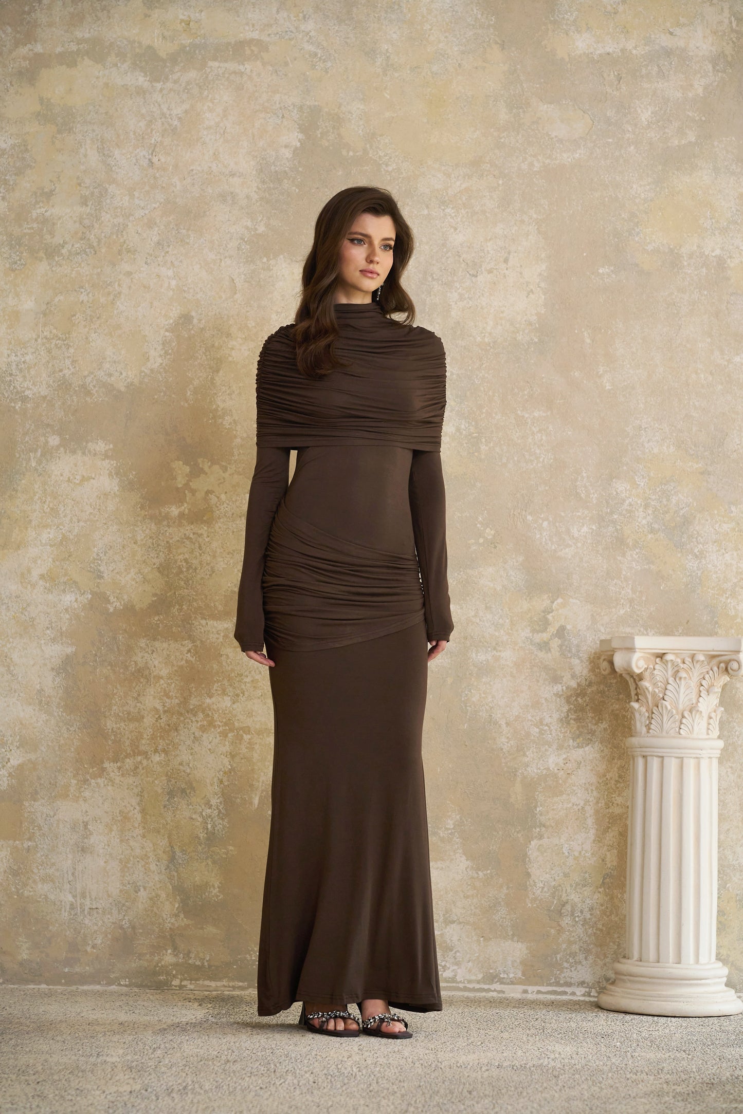 Éléna Brown Cape Design Ruched Maxi Dress