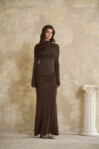 Éléna Brown Cape Design Ruched Maxi Dress