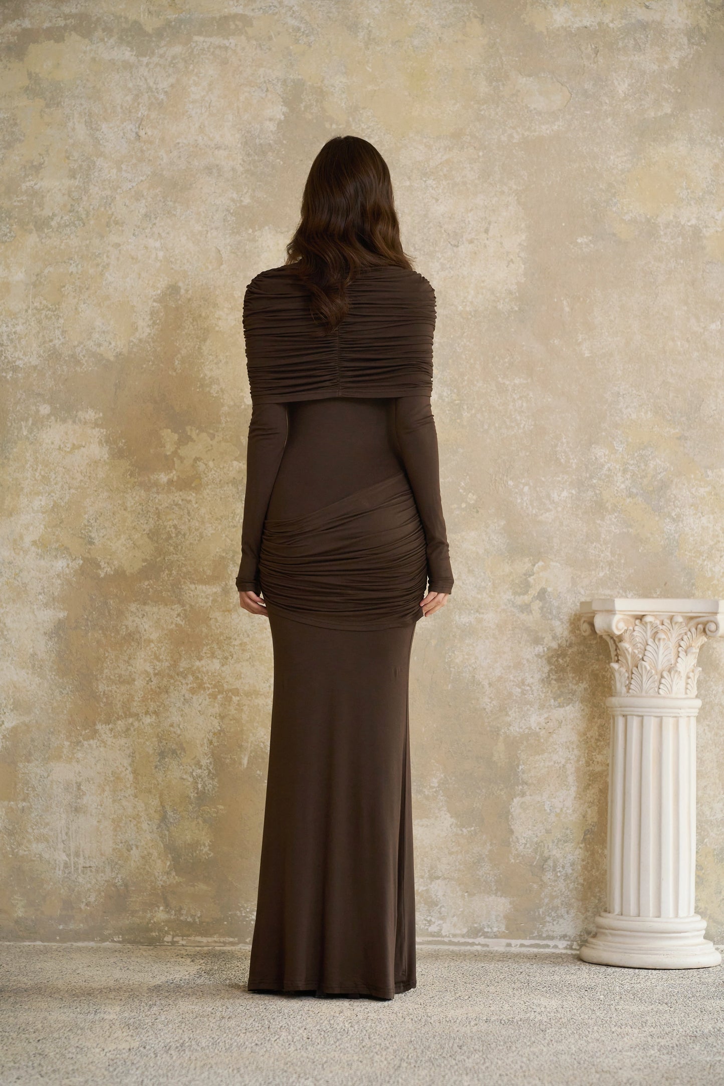 Éléna Brown Cape Design Ruched Maxi Dress