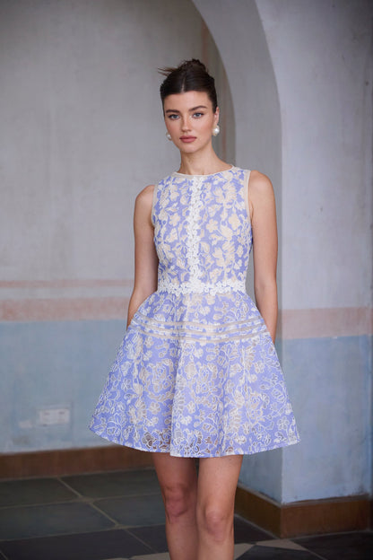 Brigitte Blue Crochet Lace Puff Sleeve Mini Dress