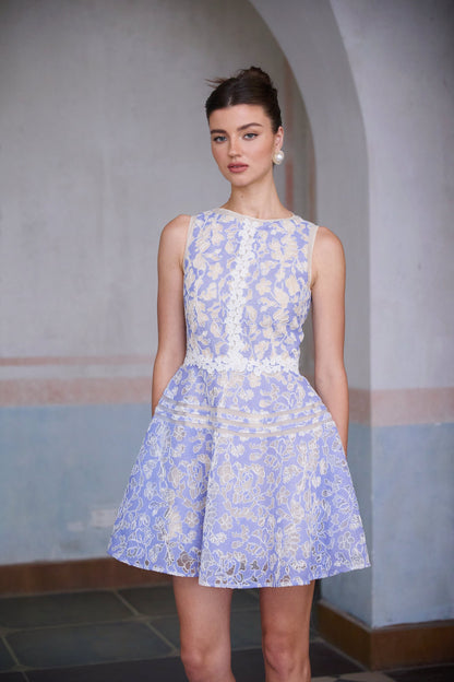 Brigitte Blue Crochet Lace Puff Sleeve Mini Dress