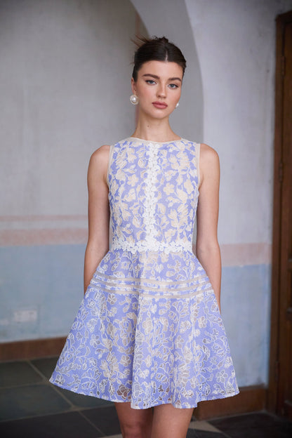 Brigitte Blue Crochet Lace Puff Sleeve Mini Dress