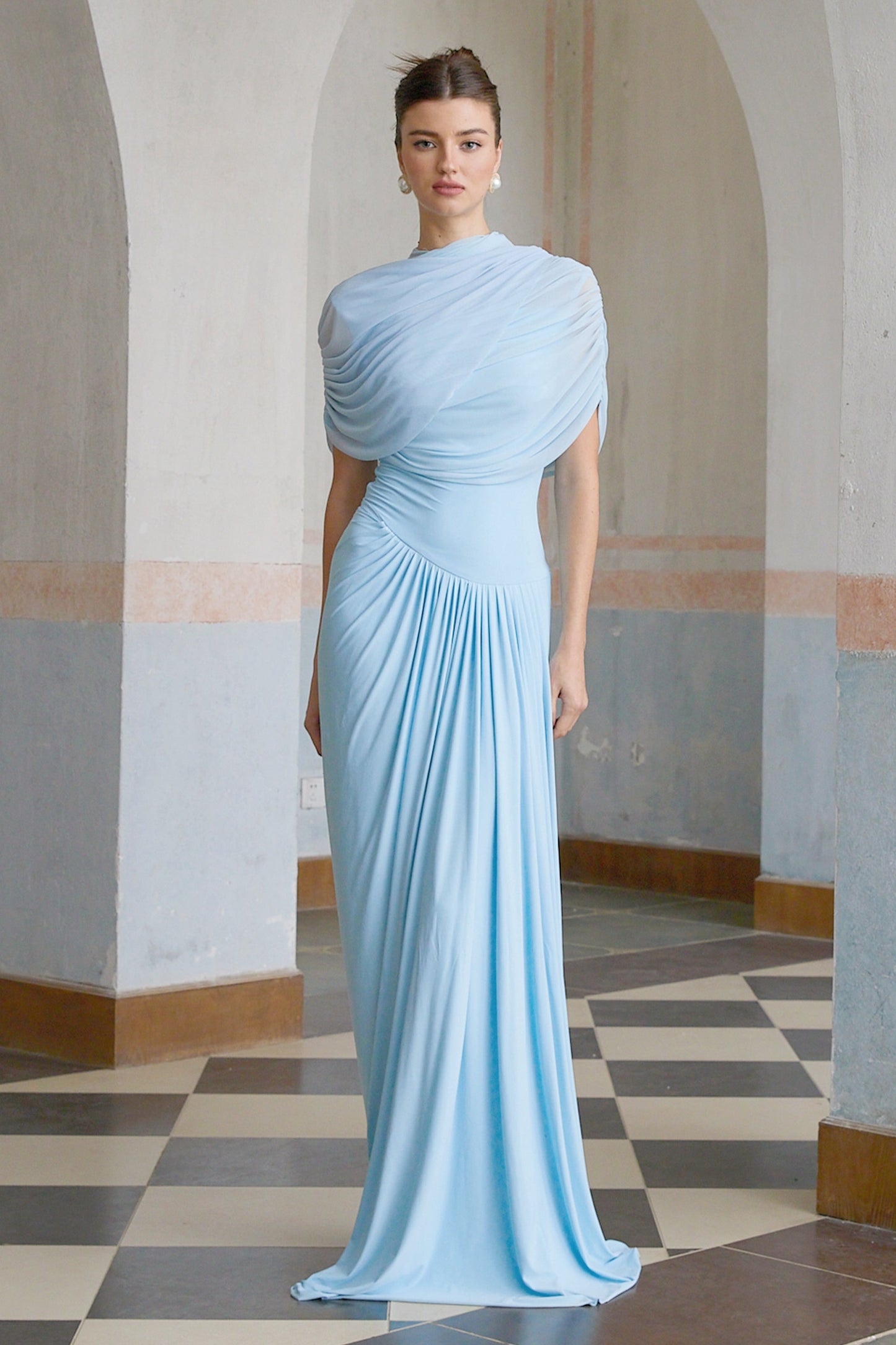 Catherine asymmetrical pleated maxi dress in Baby-blue