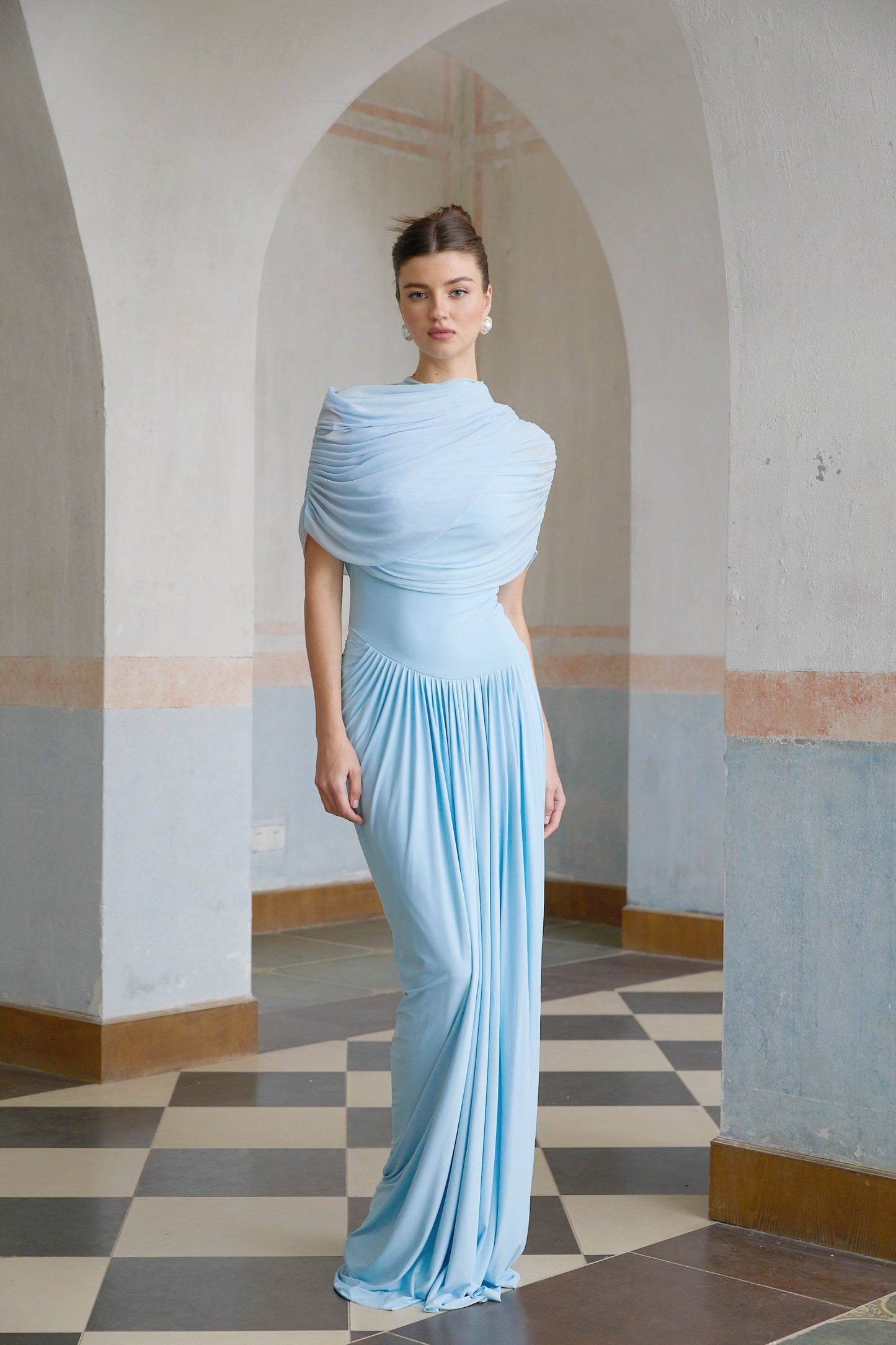 Catherine asymmetrical pleated maxi dress in Baby-blue