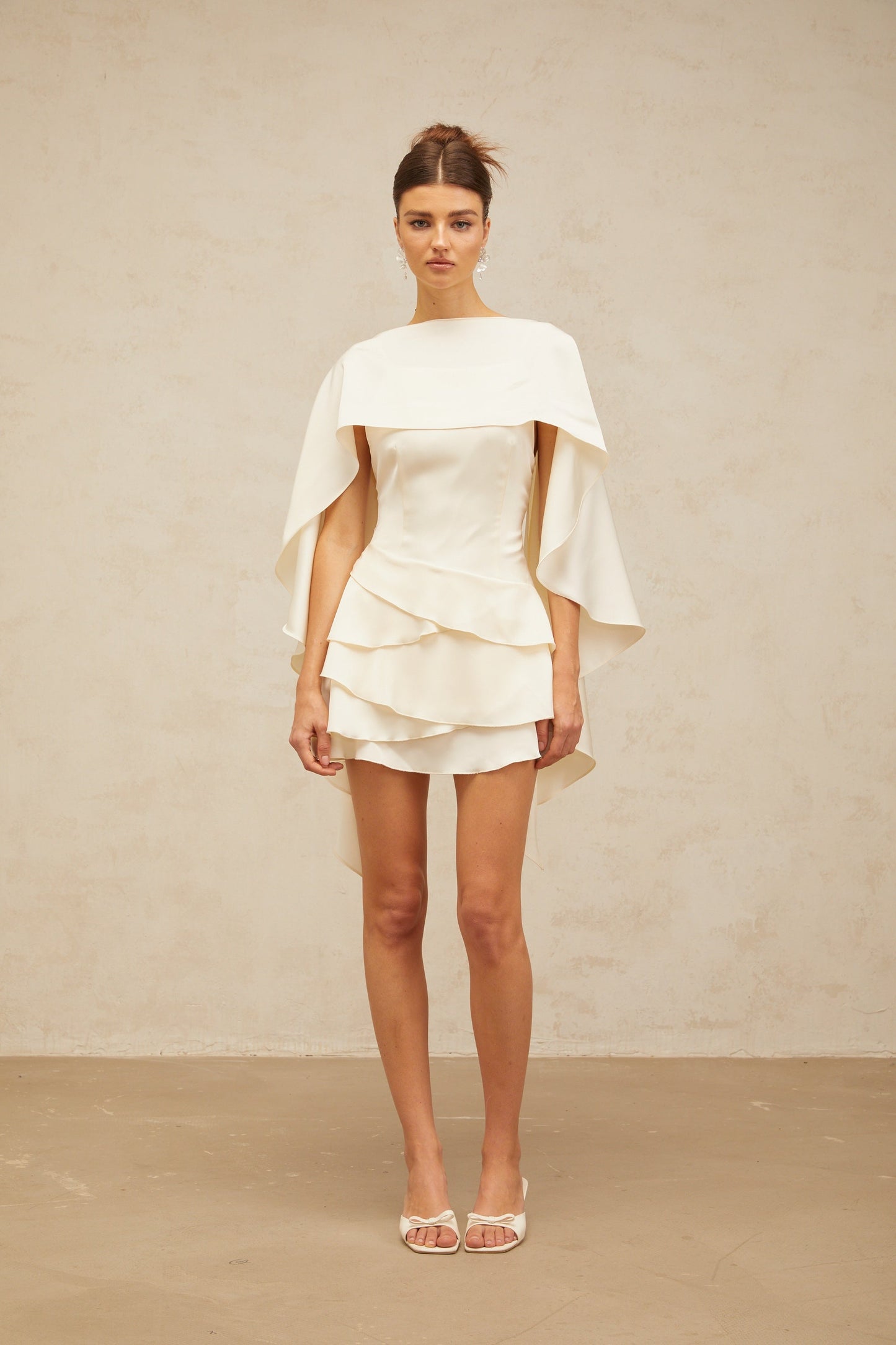Lyna White Satin Ruffled Mini Dress with Shawl Panel Detail