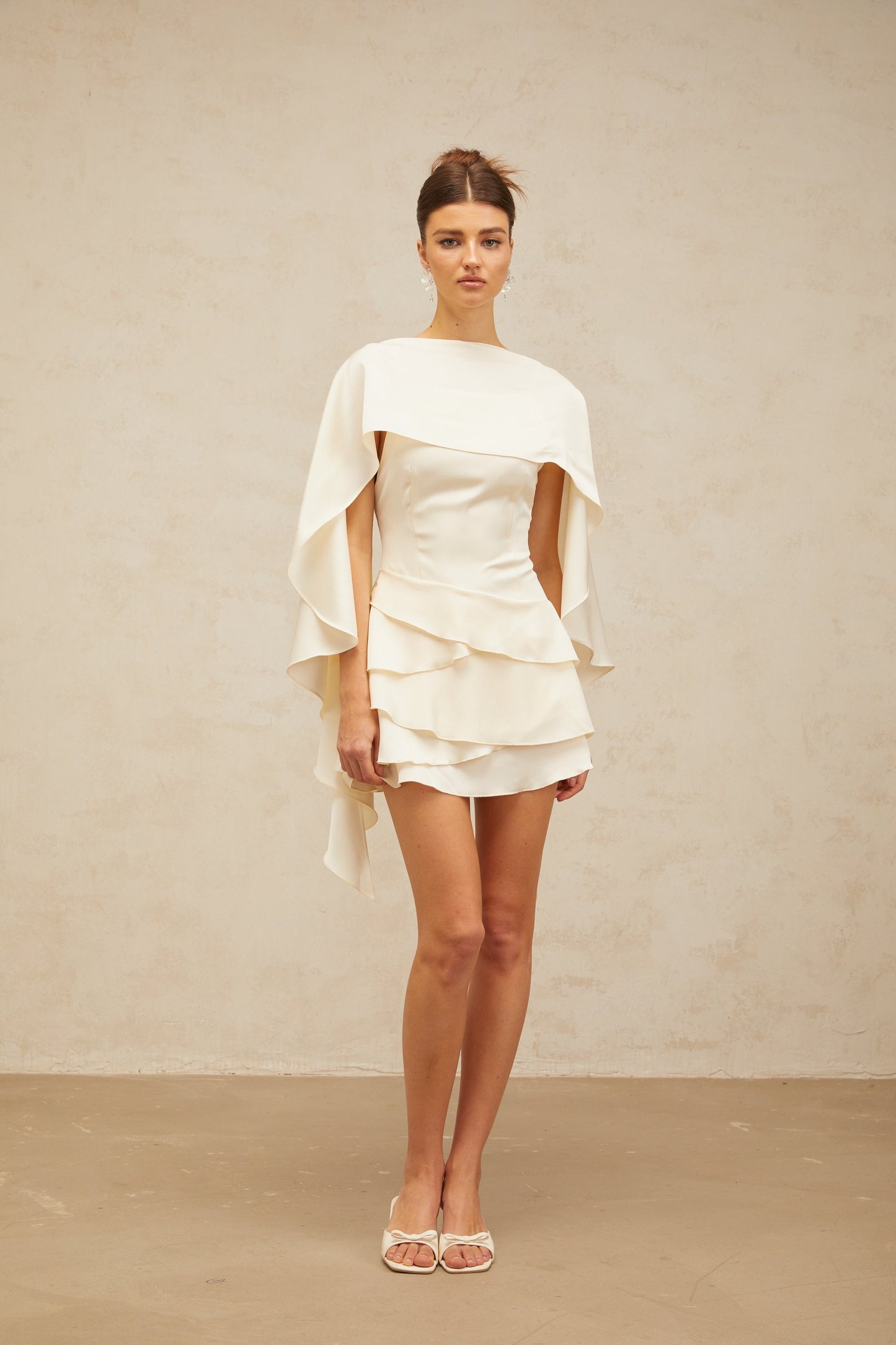 Lyna White Satin Ruffled Mini Dress with Shawl Panel Detail