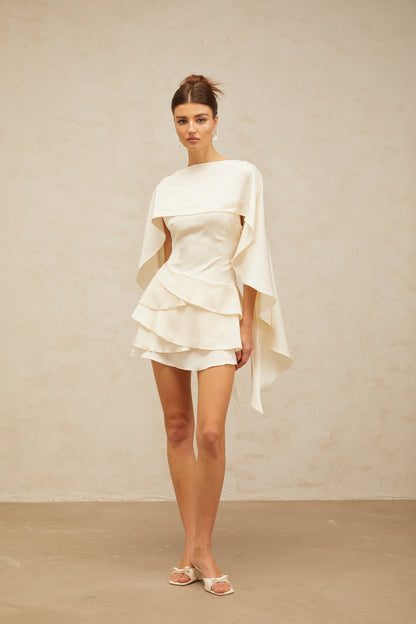 Lyna White Satin Ruffled Mini Dress with Shawl Panel Detail
