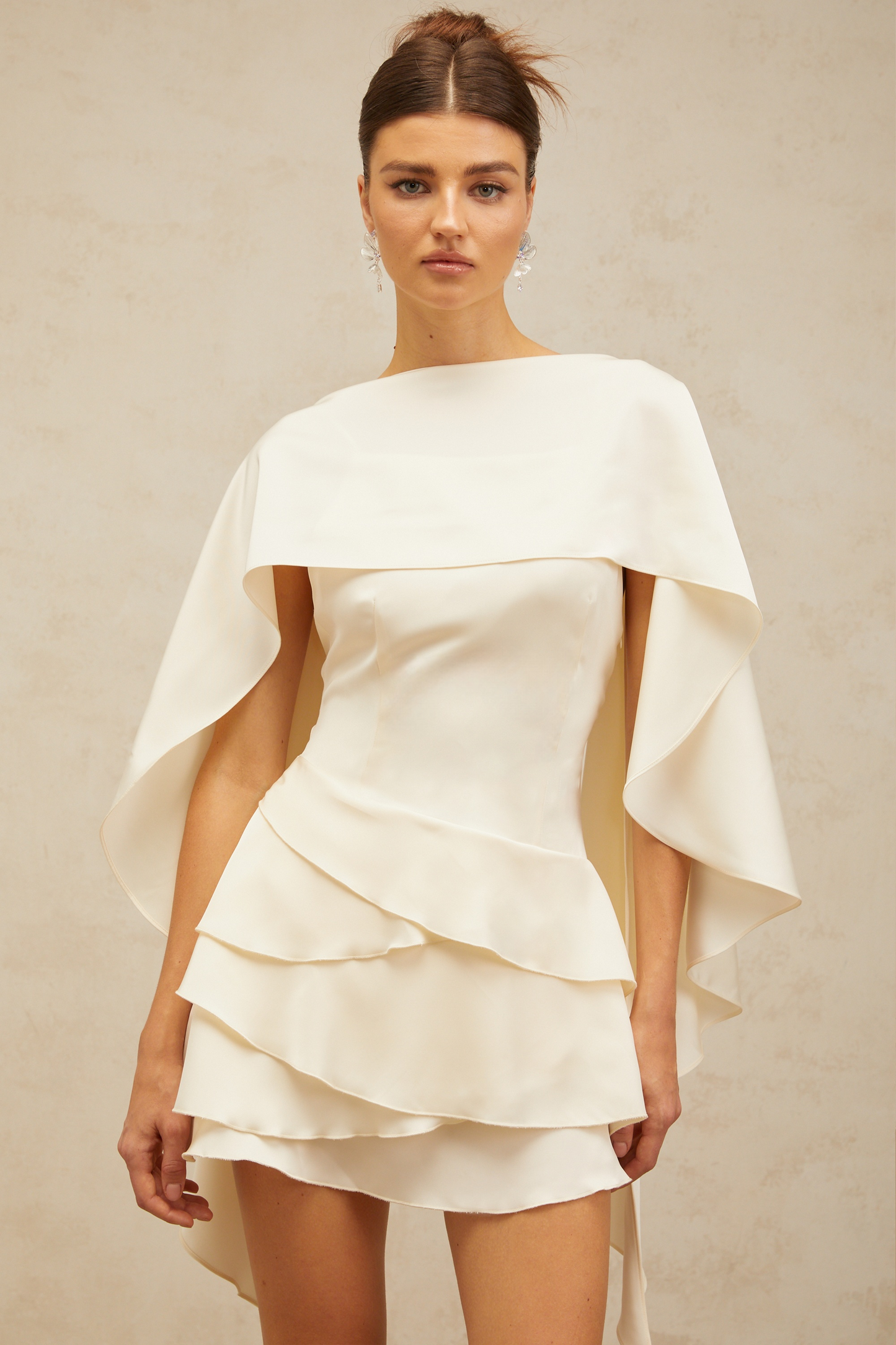 Lyna White Satin Ruffled Mini Dress with Shawl Panel Detail