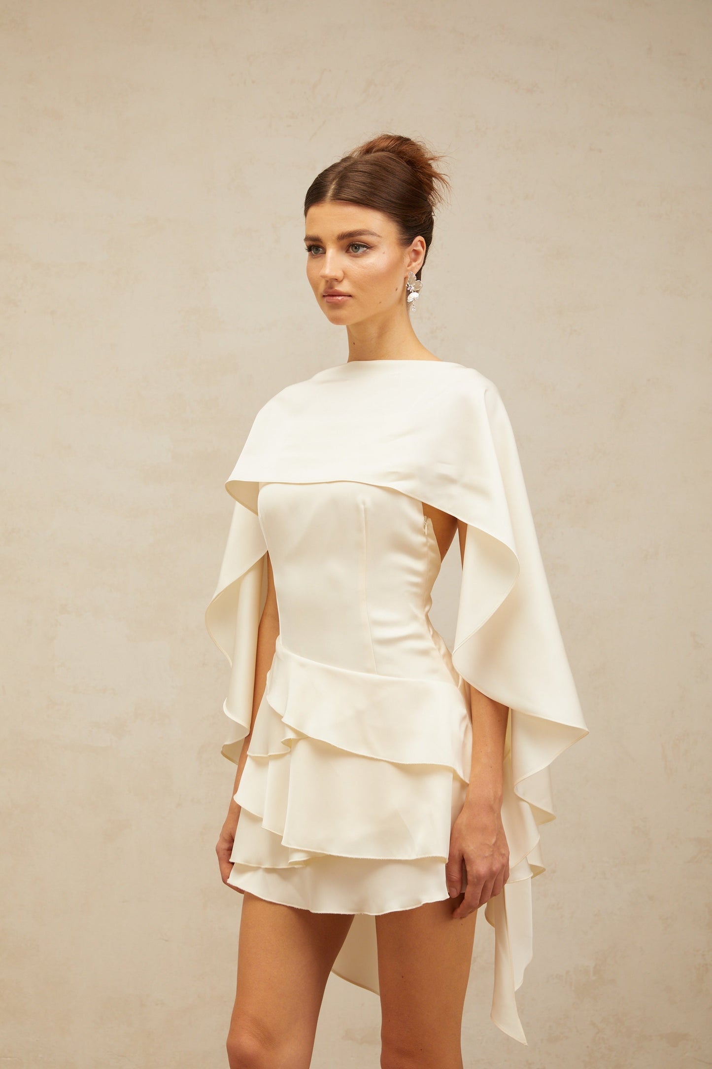 Lyna White Satin Ruffled Mini Dress with Shawl Panel Detail