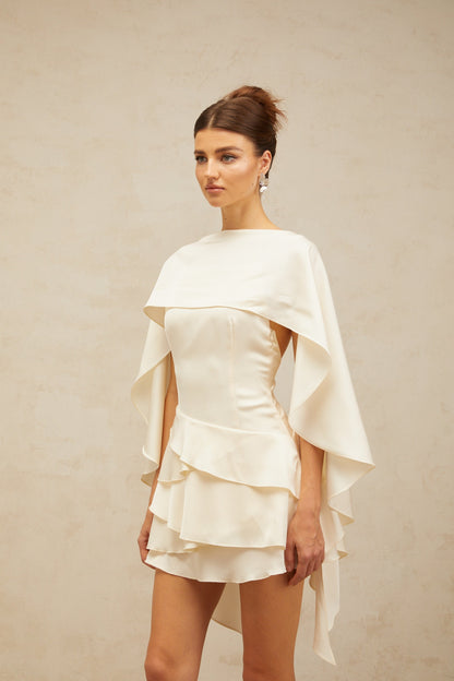 Lyna White Satin Ruffled Mini Dress with Shawl Panel Detail