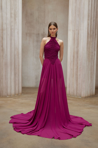 Kerstin Purple Train Design Ruched Maxi Dress