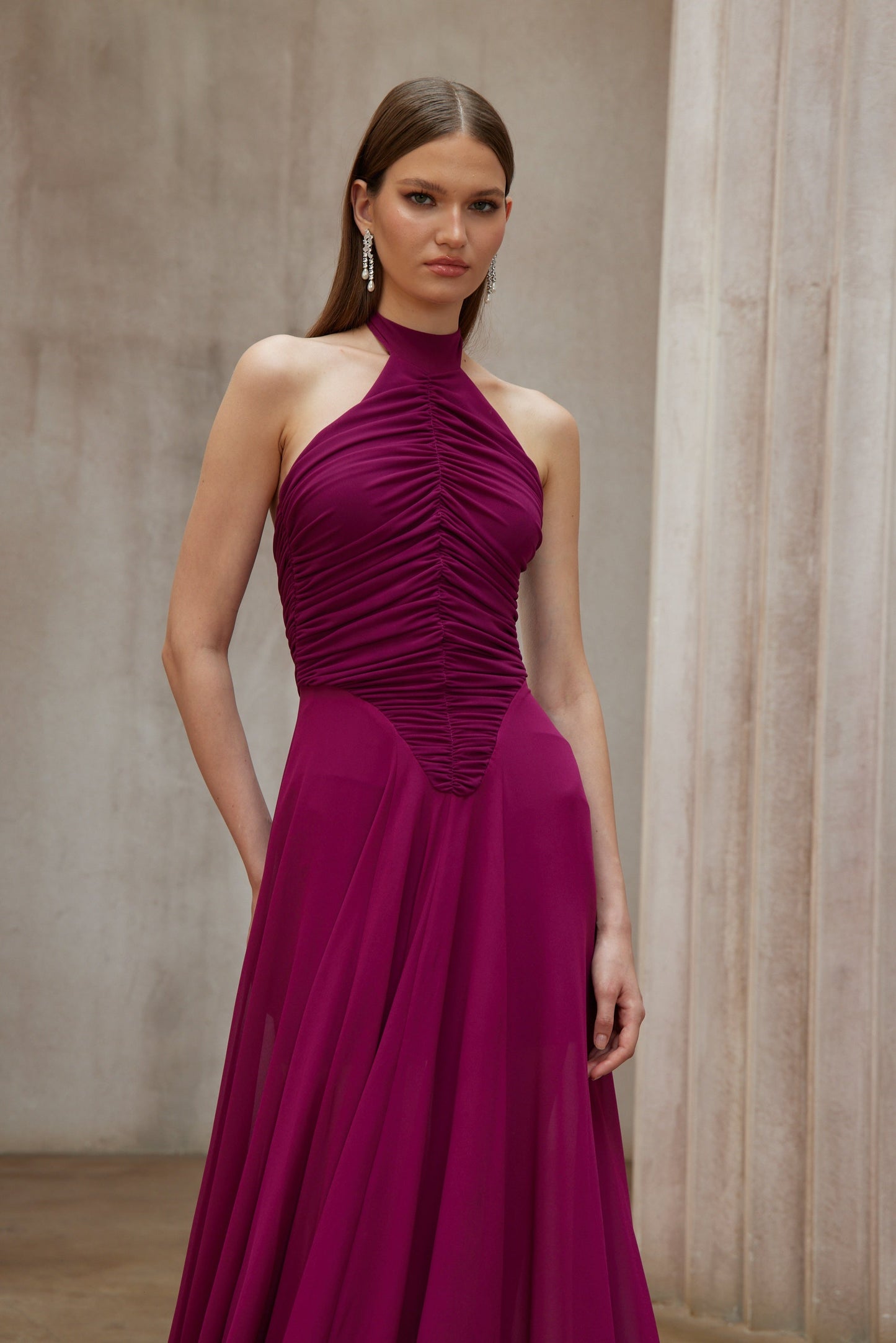 Kerstin Purple Train Design Ruched Maxi Dress