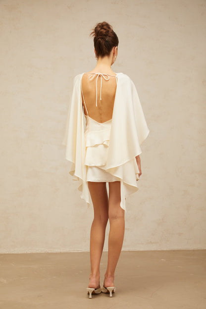 Lyna White Satin Ruffled Mini Dress with Shawl Panel Detail