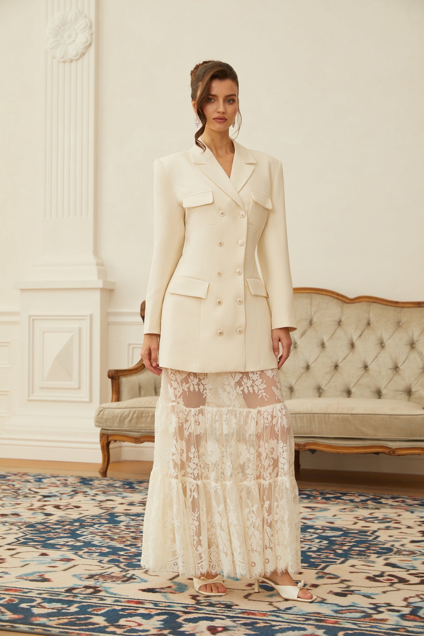 Liliana White Double-Breasted Blazer & Lace Skirt Set