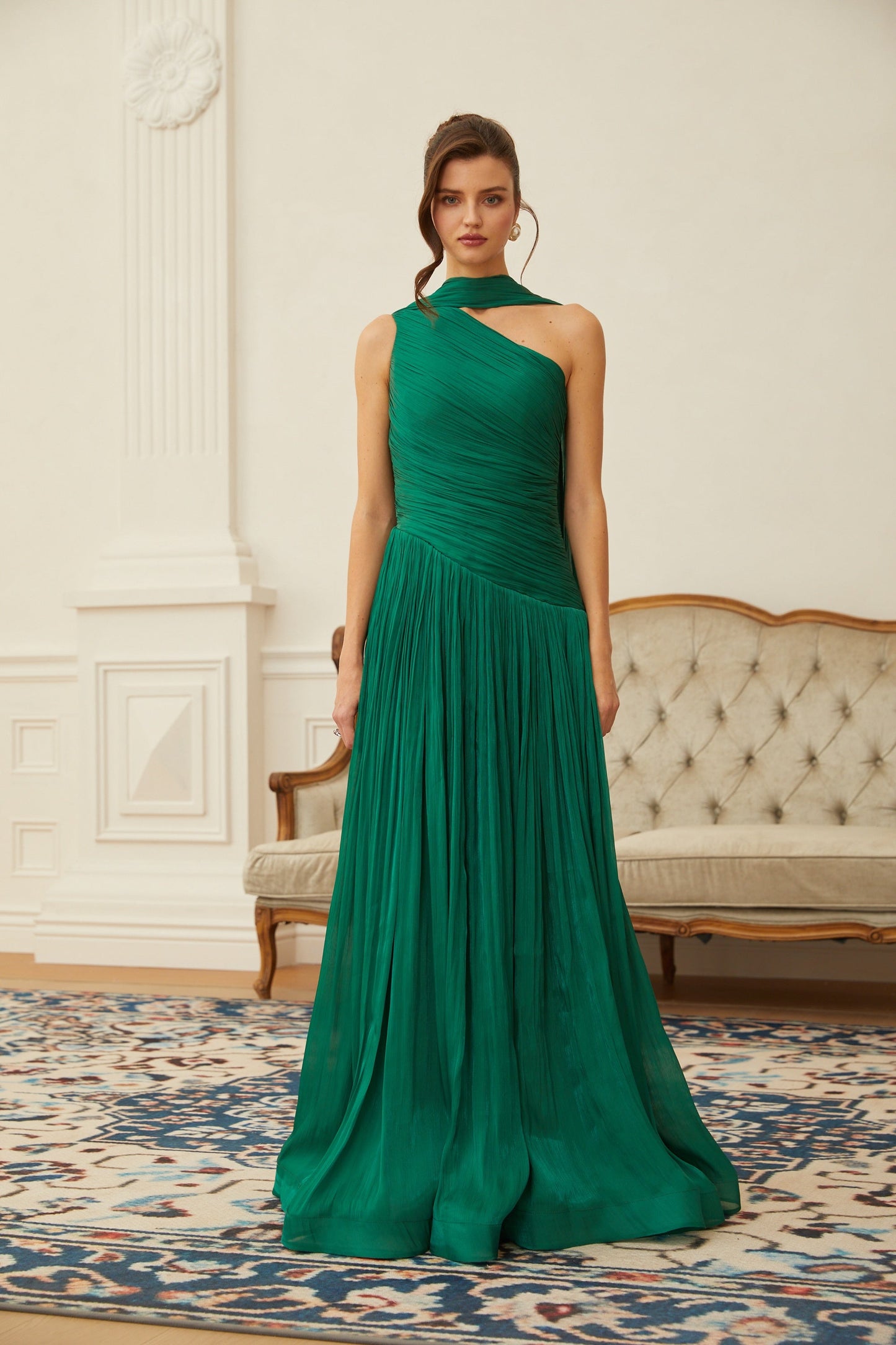 Emerald Green One Shoulder Ruched Maxi Dress