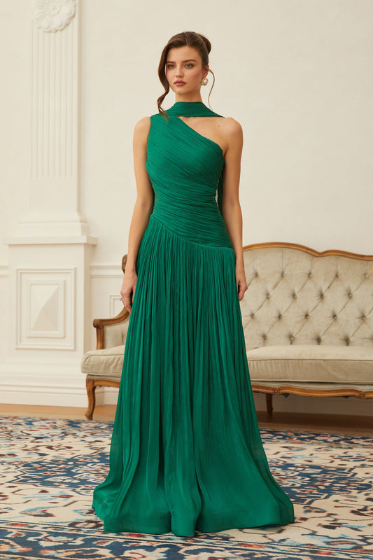 Emerald Green One Shoulder Ruched Maxi Dress