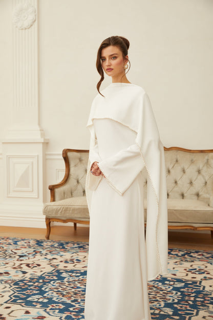 Piroska White Pearl Trim Shawl Detail Maxi Dress