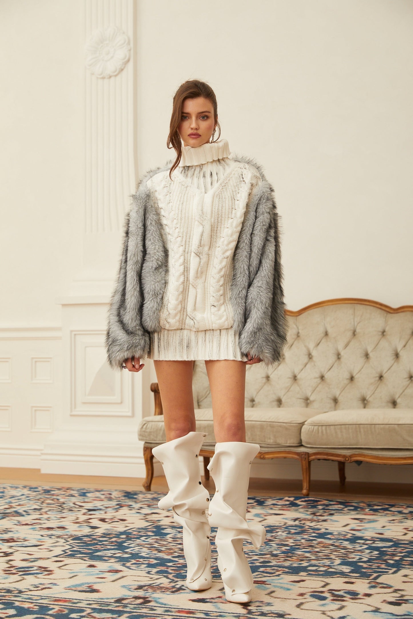 Calypso White Fur Panel Cable Knit Sweater