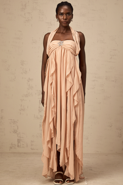 Mariah Pink Chiffon Ruffle Halterneck Maxi Dress
