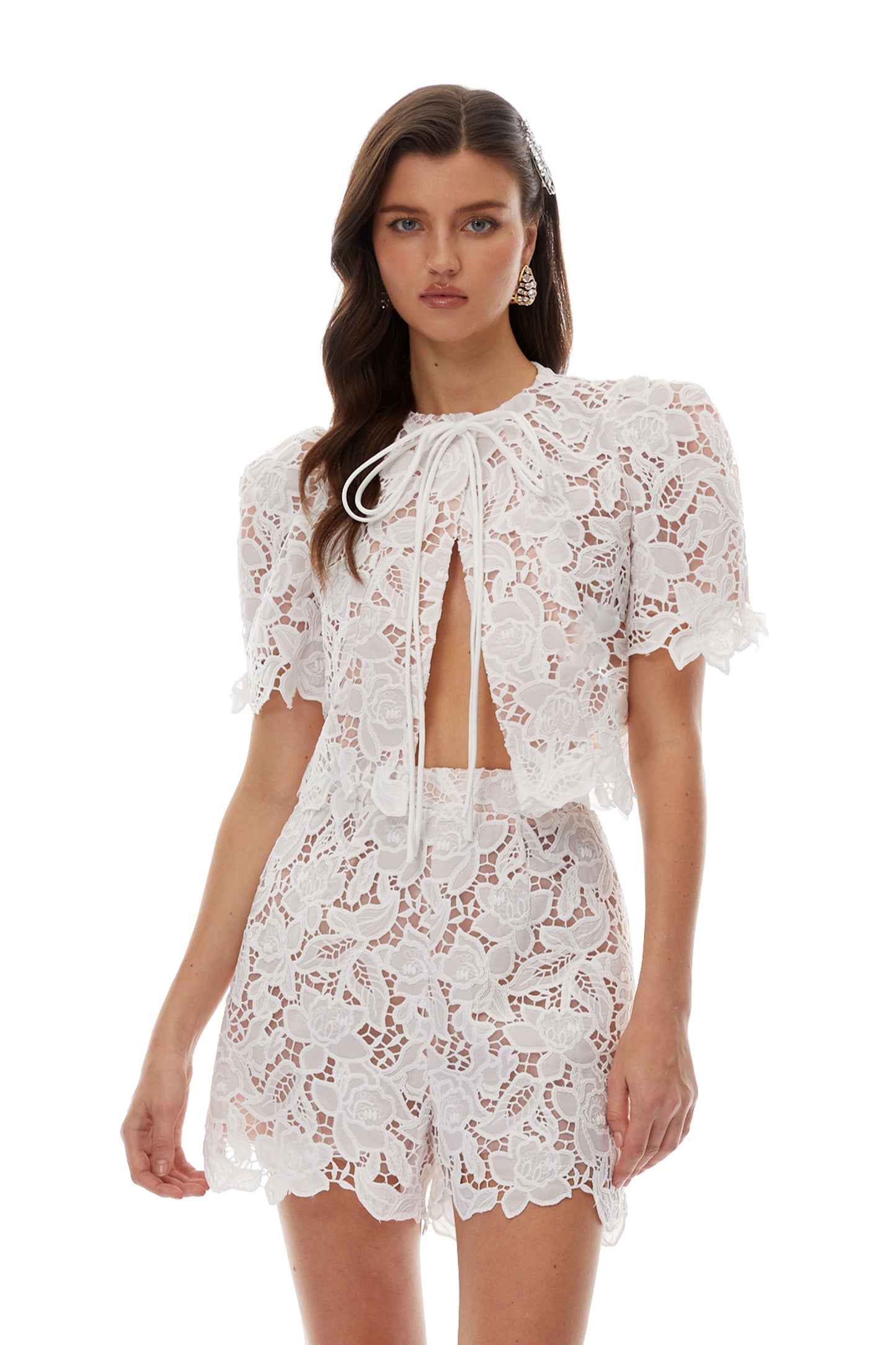 Brunhilde White Cut-Out Lace Top & Short Set