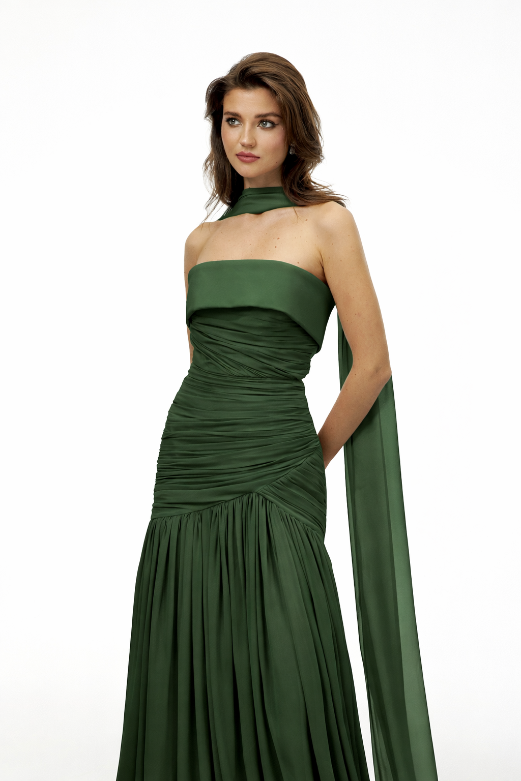 Laetitia Green Pleated Train Ruched Maxi Dress