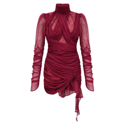Théa Burgundy Asymmetrical Ruched Mini Dress