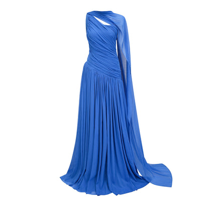 Faustine Blue Cape Design Ruched Maxi Dress
