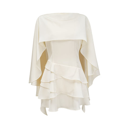 Lyna White Satin Ruffled Mini Dress with Shawl Panel Detail
