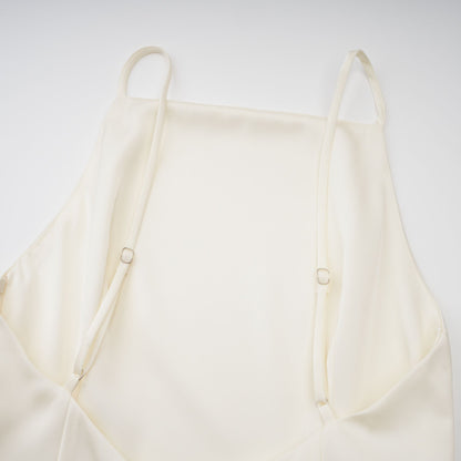 Lyna White Satin Ruffled Mini Dress with Shawl Panel Detail