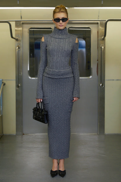Daphne Grey Cable Knit Turtleneck Top & Skirt Set
