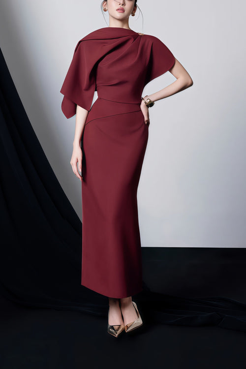 Wren Burgundy Asymmetrical Cape Maxi Dress