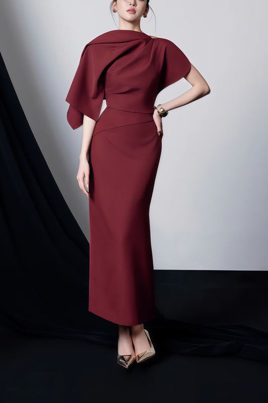 Wren Burgundy Asymmetrical Cape Maxi Dress