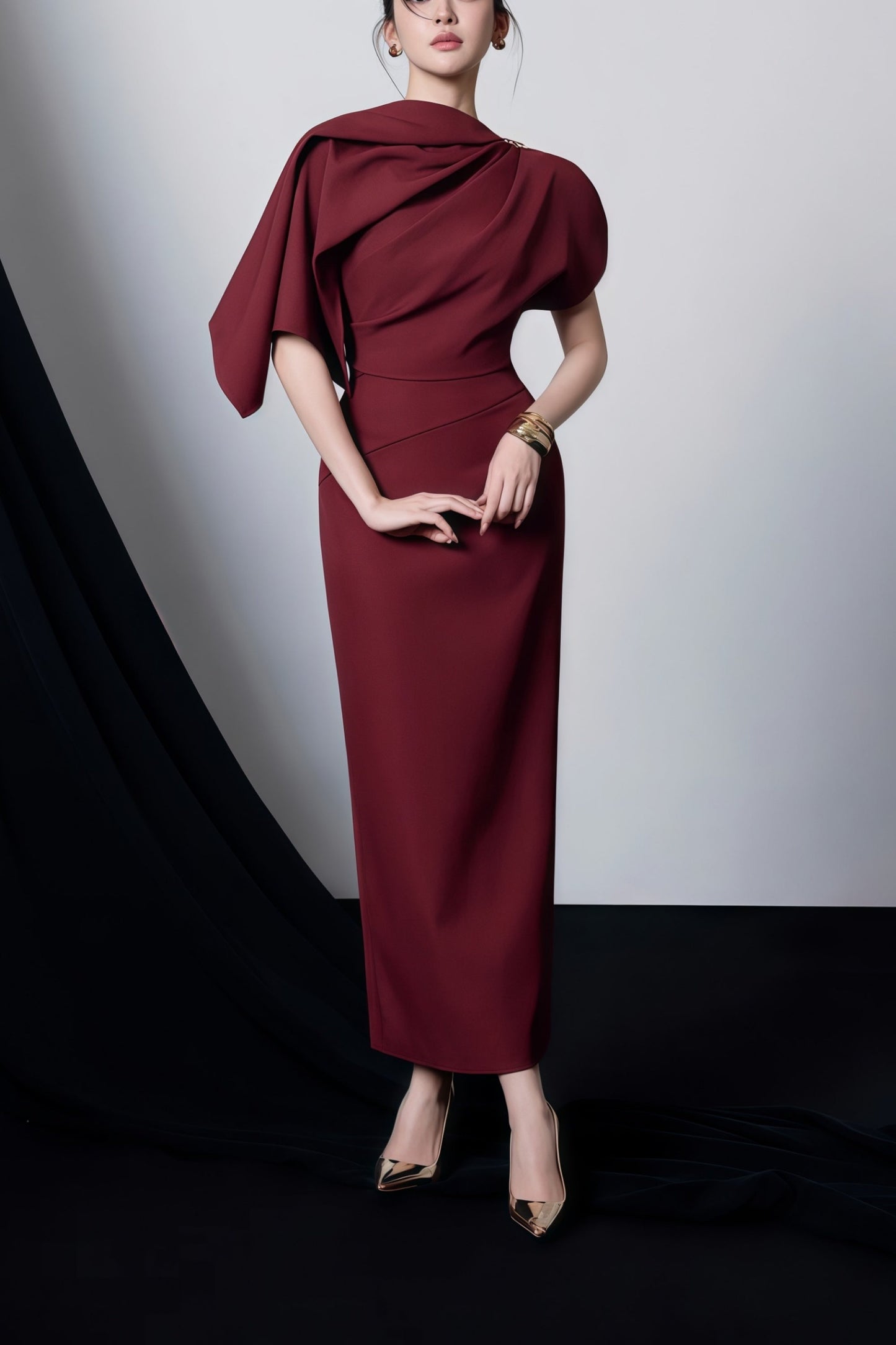 Wren Burgundy Asymmetrical Cape Maxi Dress