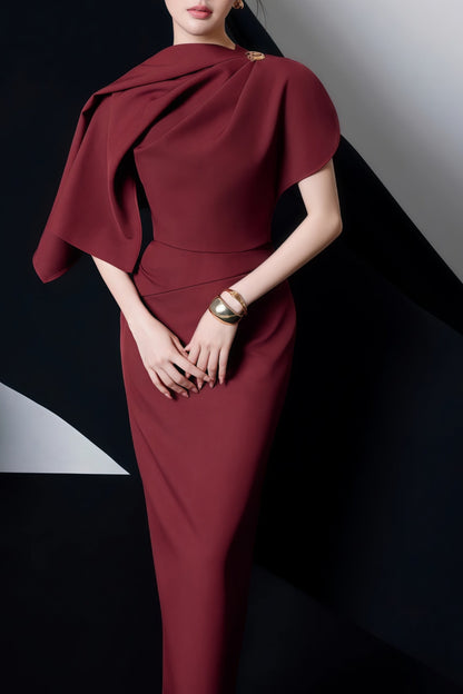 Wren Burgundy Asymmetrical Cape Maxi Dress