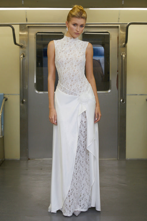 Emilia White Asymmetrical Floral Lace Maxi Dress