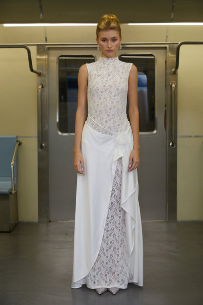 Emilia White Asymmetrical Floral Lace Maxi Dress