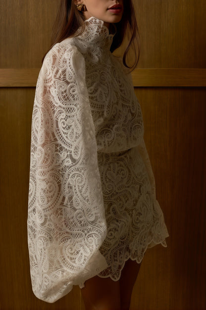 Eulalie Cream White Lace Blouse & Skirt Set