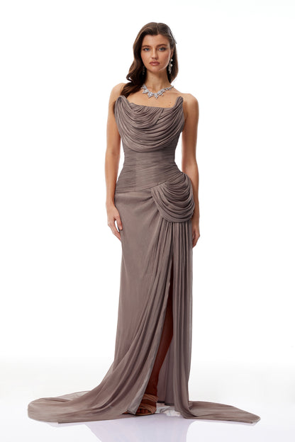 Gelsomina Grey Asymmetrical Glossy Gathered Maxi Dress