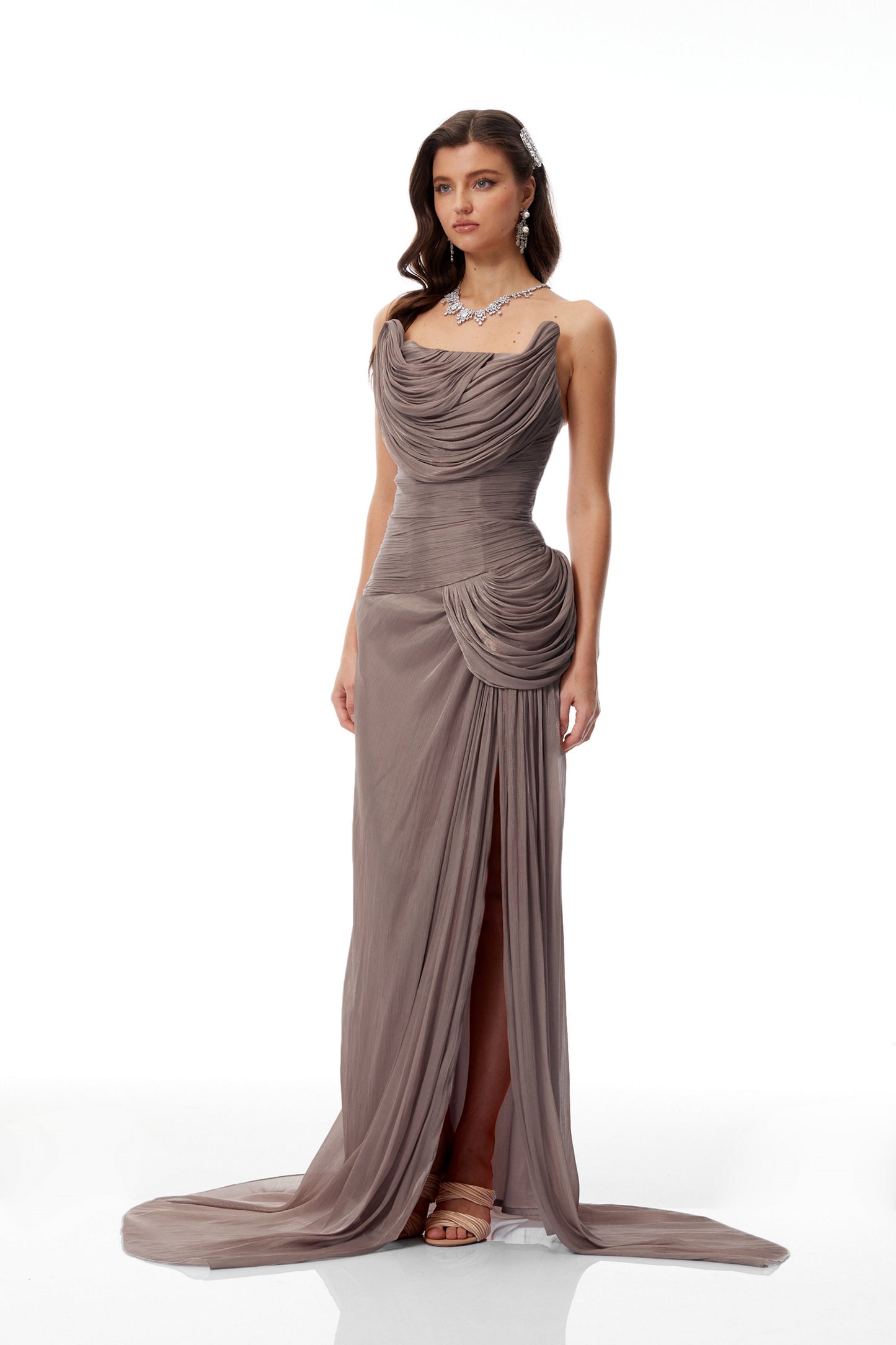 Gelsomina Grey Asymmetrical Glossy Gathered Maxi Dress