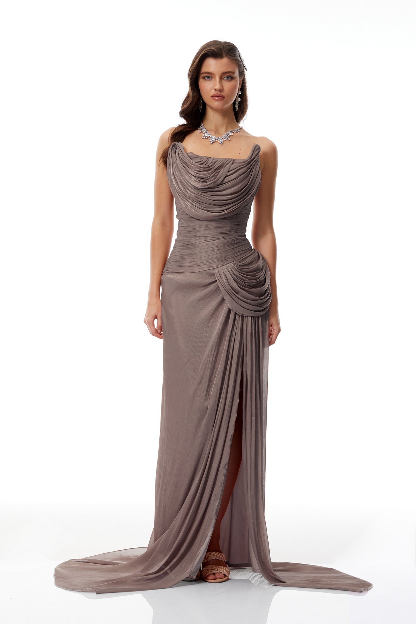 Gelsomina Grey Asymmetrical Glossy Gathered Maxi Dress