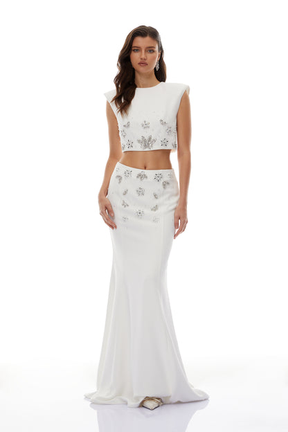 Gundula White Embellished Top & Skirt Set