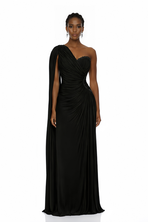 Katrin Black One Shoulder Ruched Maxi Dress