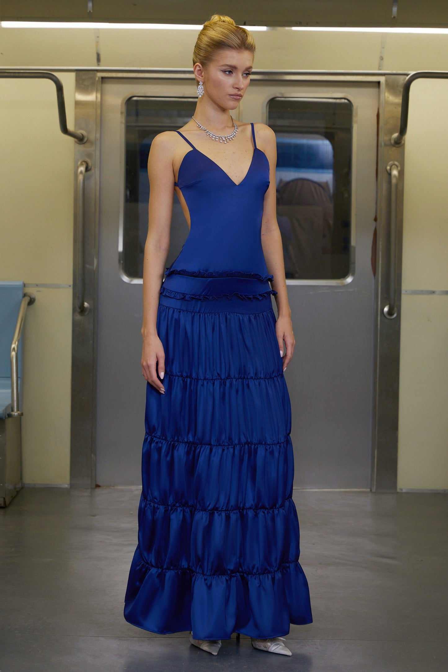 Martina Blue Open Back Tiered Maxi Dress