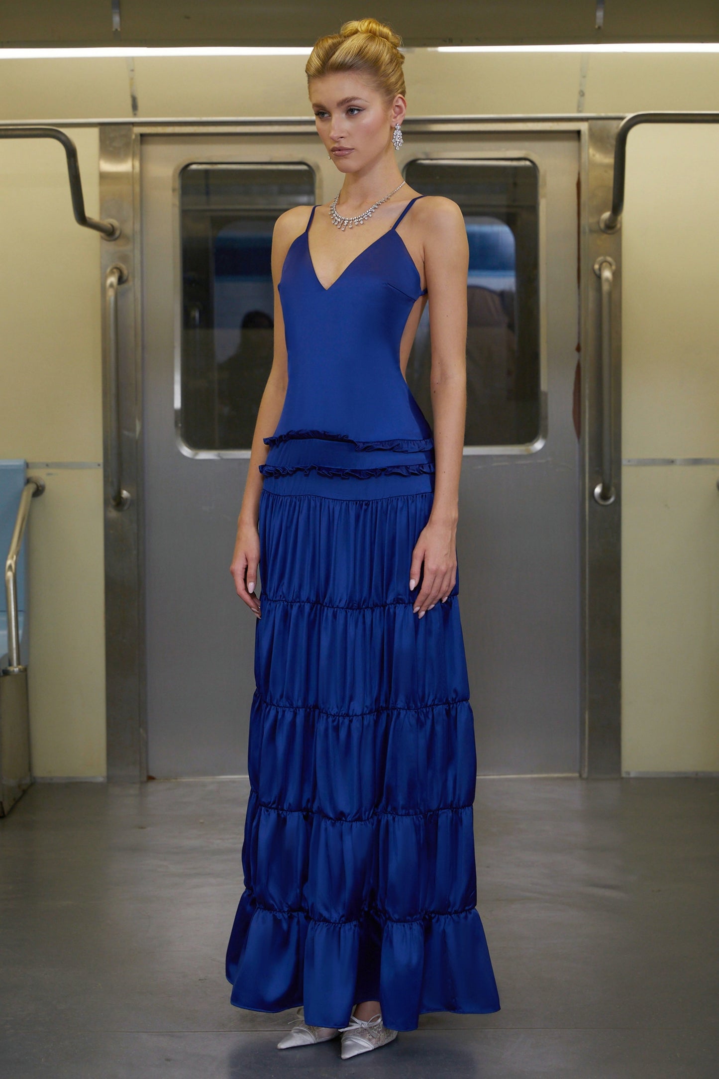 Martina Blue Open Back Tiered Maxi Dress